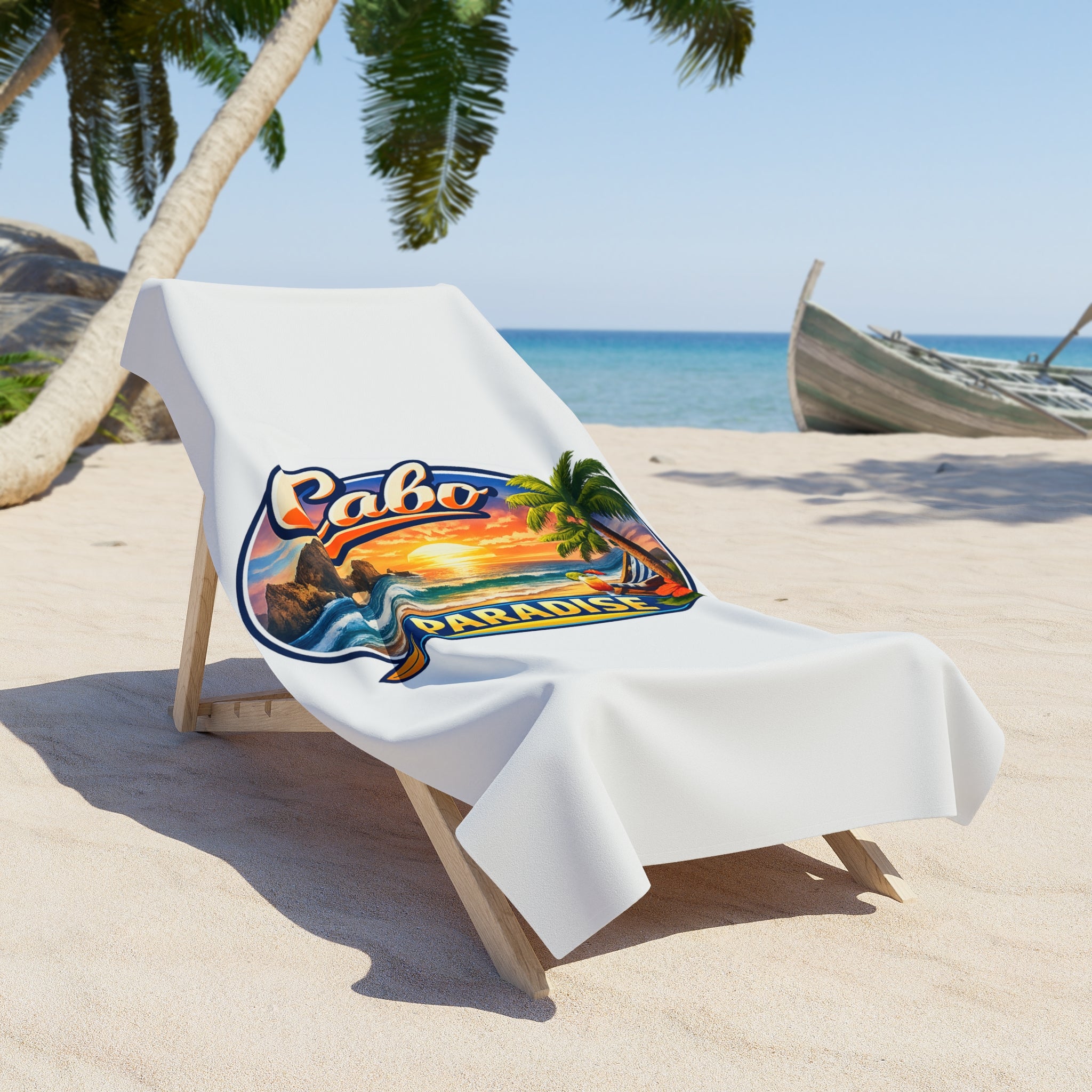 Cabo Paradise Beach Towel — Tropical Sunset Palm Design