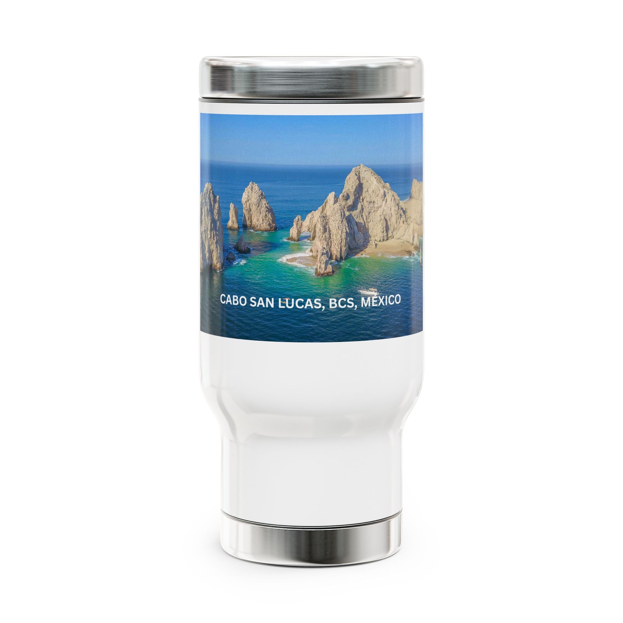 Cabo San Lucas Land's End Stainless Steel Travel Mug — 14oz Travel Cup with Handle